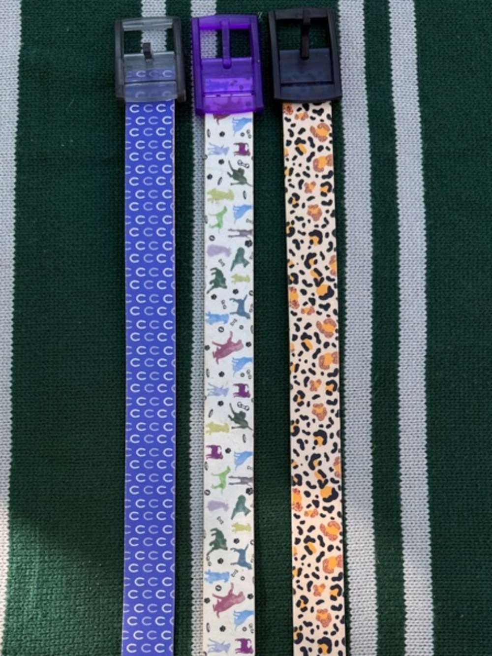 C4 Riding Belt of 3 Patterned Belt Straps in Purple, White, and Orange Leopard